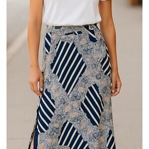 Maeve Anthropologie Large Mixed Print Maxi Skirt Blue Floral Stripe Boho